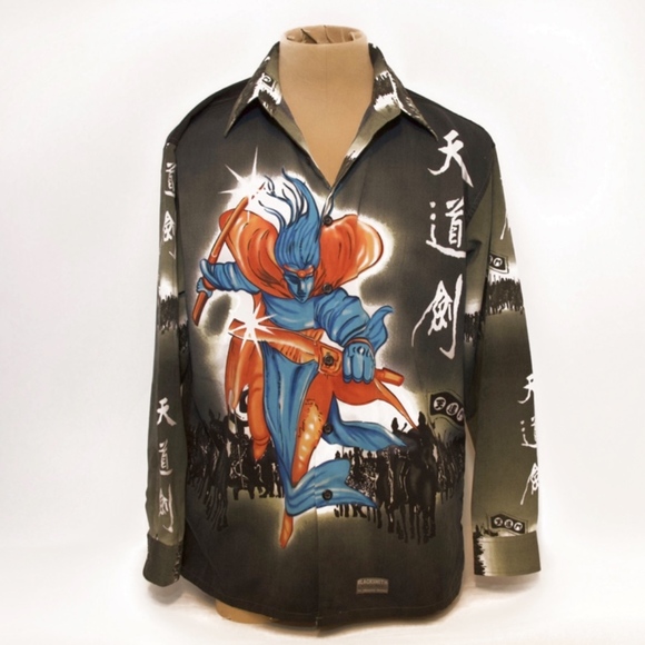 Vintage Japanese Manga Shirt Samurai 90s Button Up - Picture 4 of 8